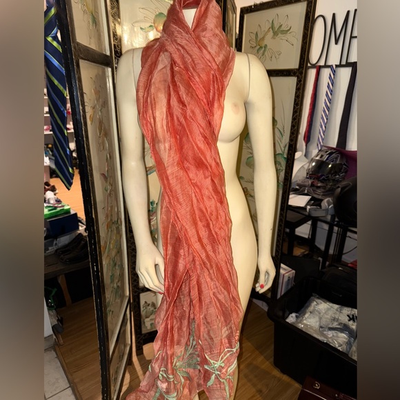 k Cocoon 100% Sheer Silk Scarf Shawl Embroidered Floral Salmon Orange